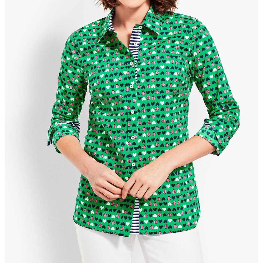 Talbots Women's Green Heart‎ & Ladybug Print Long Sleeve Button Down Shirt Z1
